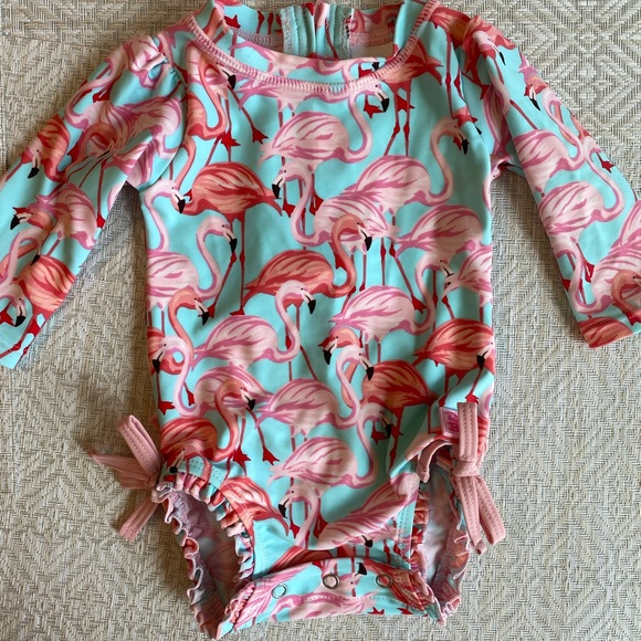 Ruffle Butts 3-6 month swimsuit / rash guard with flamingos cute bows ruffles - Picture 1 of 9